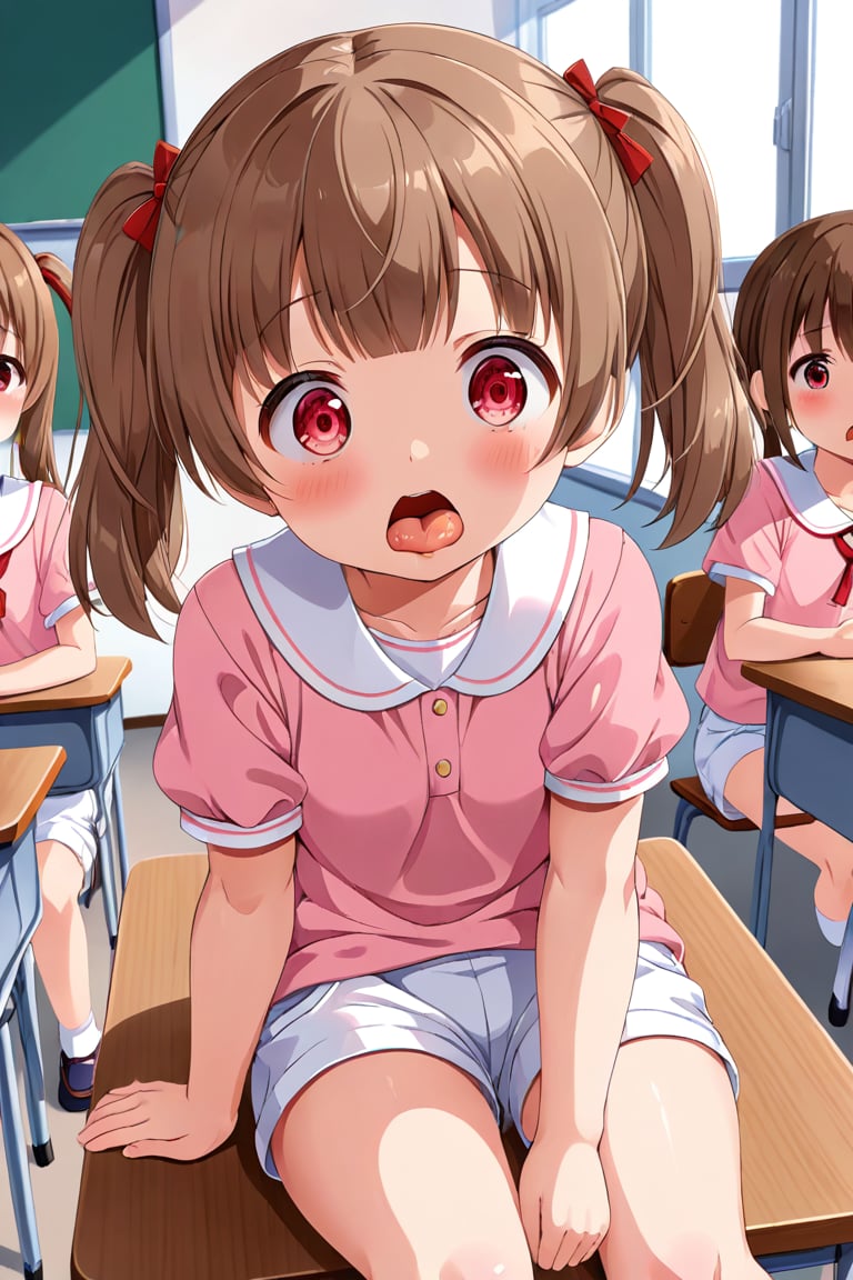 loli , surprised face, brown hair, red_eyes, twintails, down_view, classroom, pink shirt, white shorts, sitting,  sticking_out_tongue