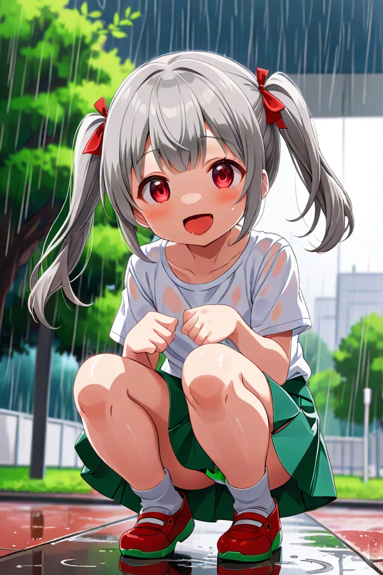 loli , happy face, twintails, gray hair, red_eyes, down_view, rain park, white shirt, green skirt, squatting, sticking_out_tongue, 