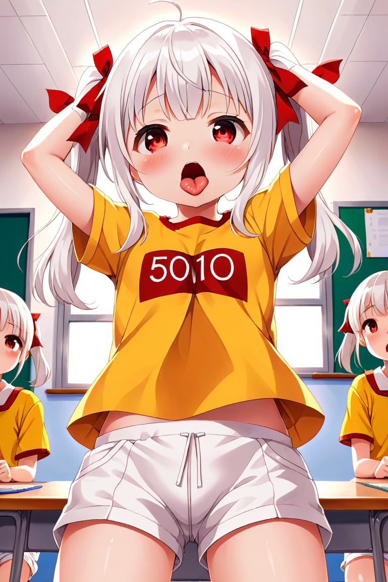 loli , lewd face, white hair, red_eyes, twintails, down_view, classroom, yellow shirt, white shorts, sticking_out_tongue, hands_raised