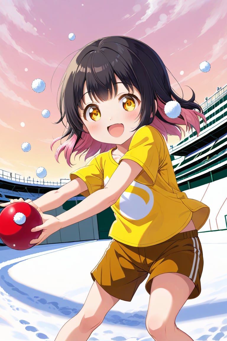 loli, happy face, black hair, yellow_eyes, front_view, snow baseball, pink hair, yellow shirt, brown yellow shorts, throwing balls