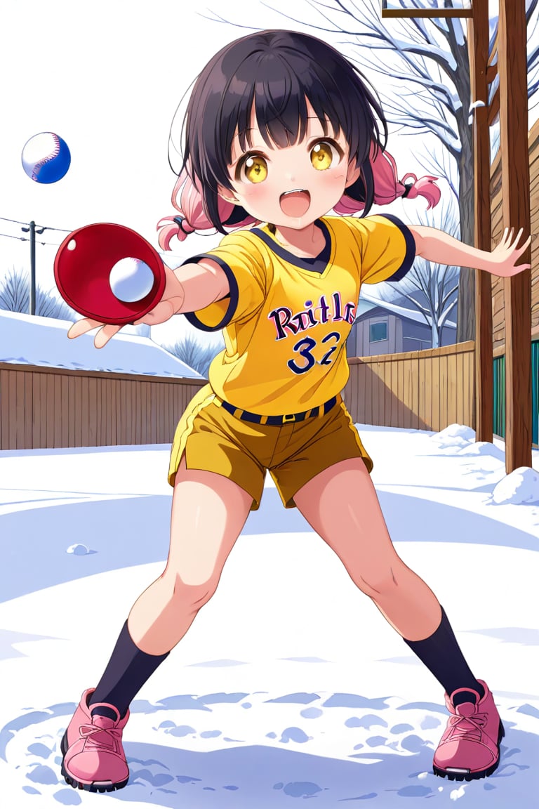 loli, happy face, black hair, yellow_eyes, front_view, snow baseball, pink hair, yellow shirt, brown yellow shorts, throwing balls