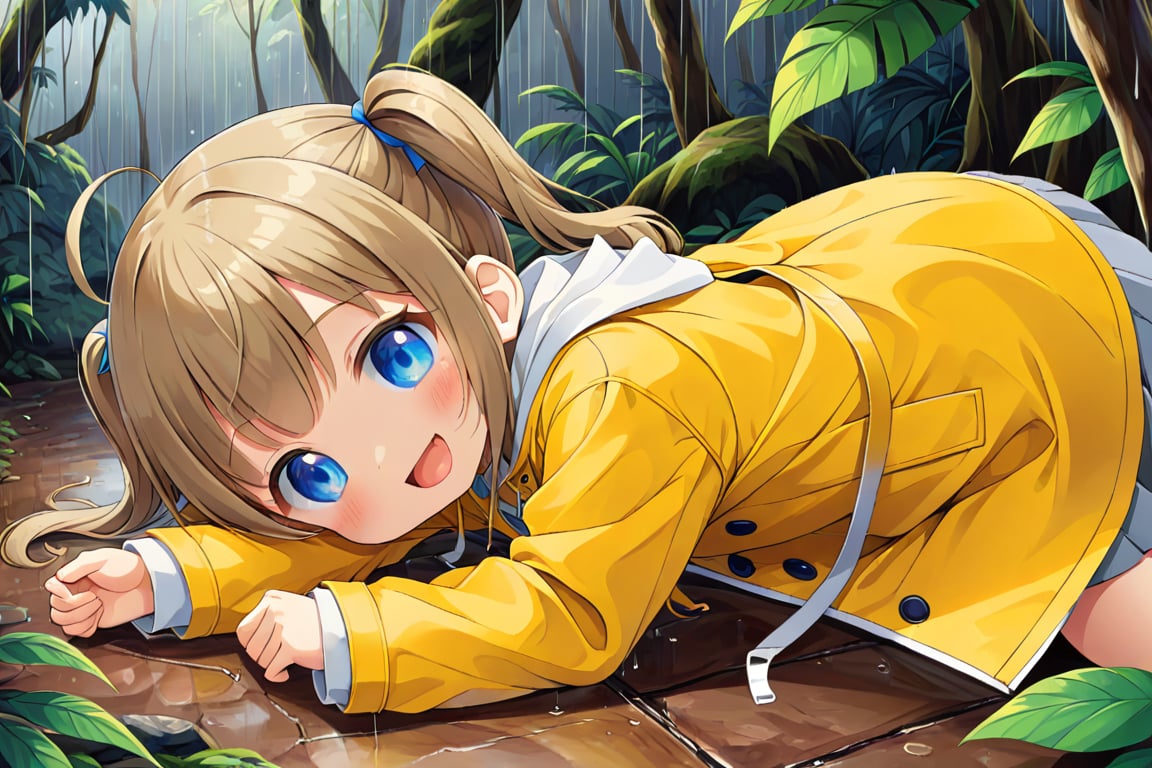 loli , happy face, twintails, yellow brown hair, blue_eyes, side_view, rain forest, white shirt, gray skirt, yellow raincoat, sticking_out_tongue, lying down