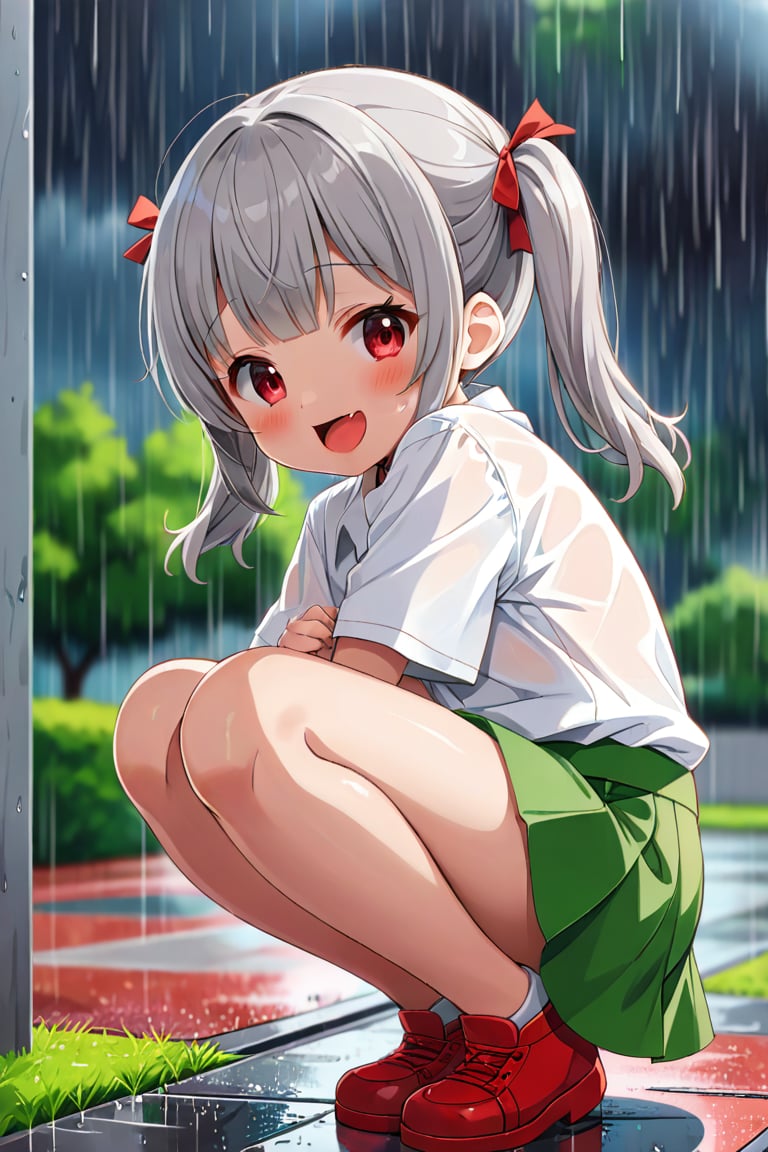 loli , happy face, twintails, gray hair, red_eyes, side_view, rain park, white shirt, green skirt, squatting, sticking_out_tongue, leg_spread