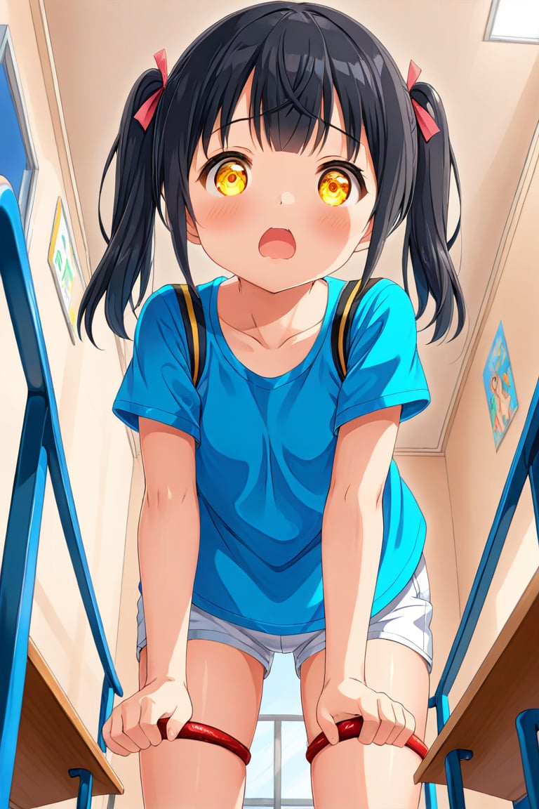 loli , surprise face, black hair, yellow_eyes, twintails, down_view, classroom, blue shirt, white shorts, climbing