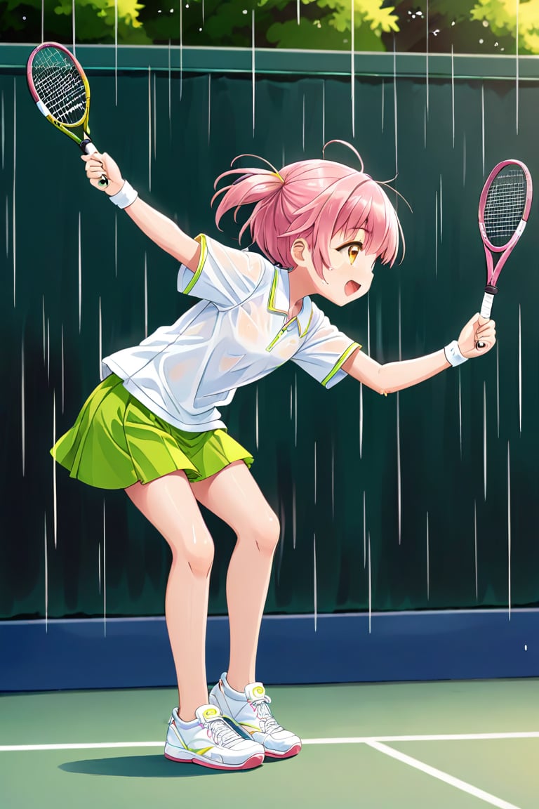 loli , happy face, pink hair, yellow_eyes, side_view, rain tennis, white shirt, green skirt, white shoes, niples