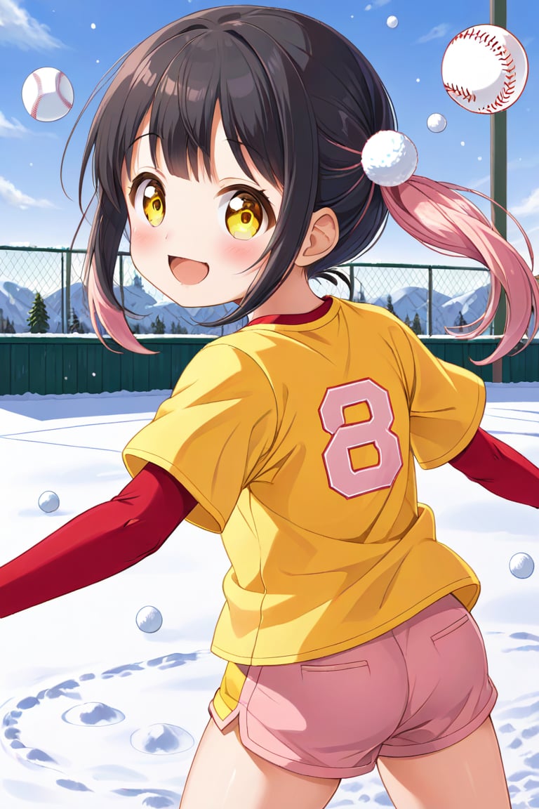 loli, happy face, black hair, yellow_eyes, back_view, snow baseball, pink hair, yellow shirt, brown yellow shorts, throwing balls