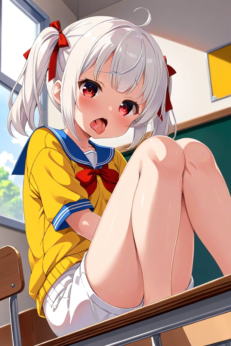 loli , lewd face, white hair, red_eyes, twintails, down_view, classroom, yellow shirt, white shorts, sitting, sticking_out_tongue