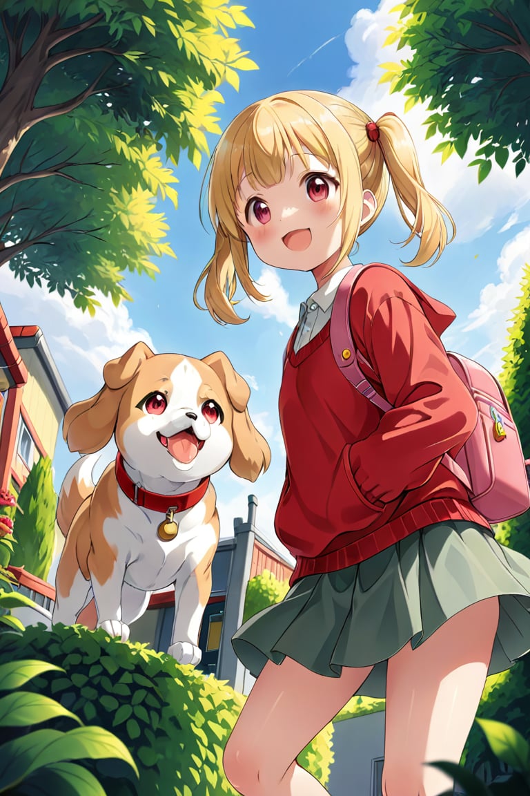 loli, happy face, yellow hair, red_eyes, twintails, down_view, gray garden, green skirt, white shirt, red sweater, pink backpack, dog_pose