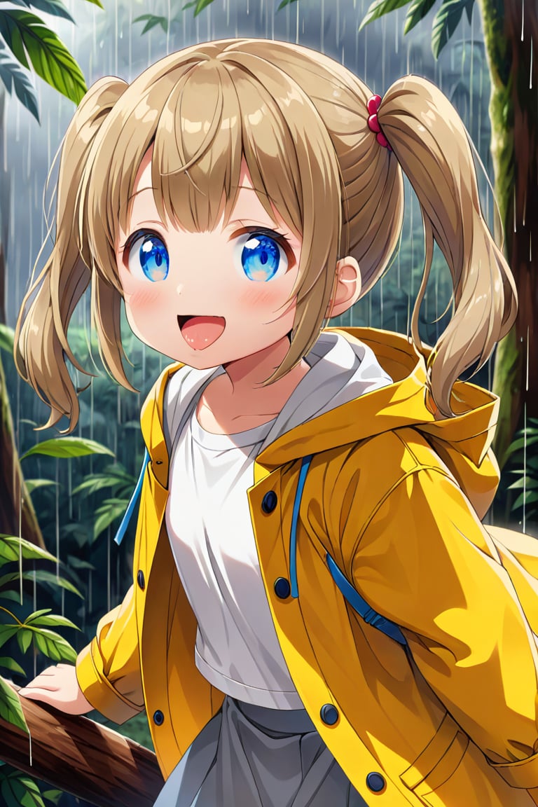 loli , happy face, twintails, yellow brown hair, blue_eyes, side_view, rain forest, white shirt, gray skirt, yellow raincoat, sticking_out_tongue