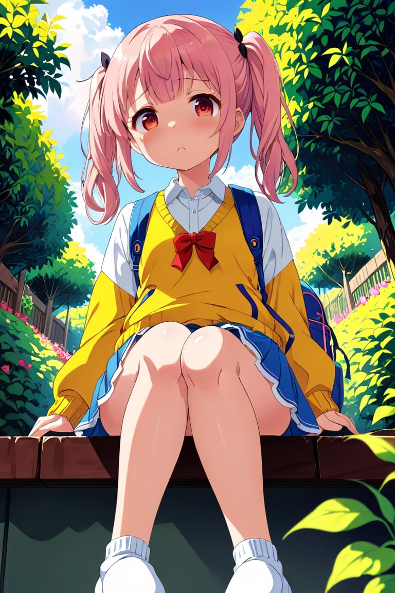 loli, lewd face, pink hair, red_eyes, twintails, down_view, green garden, blue skirt, white shirt, yellow sweater, blue backpack, sitting, legs