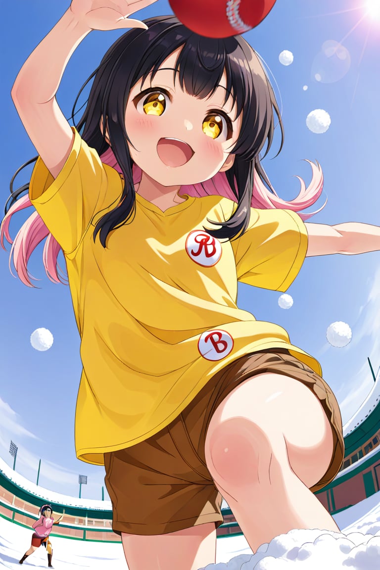 loli, happy face, black hair, yellow_eyes, down_view, snow baseball, pink hair, yellow shirt, brown yellow shorts, throwing balls