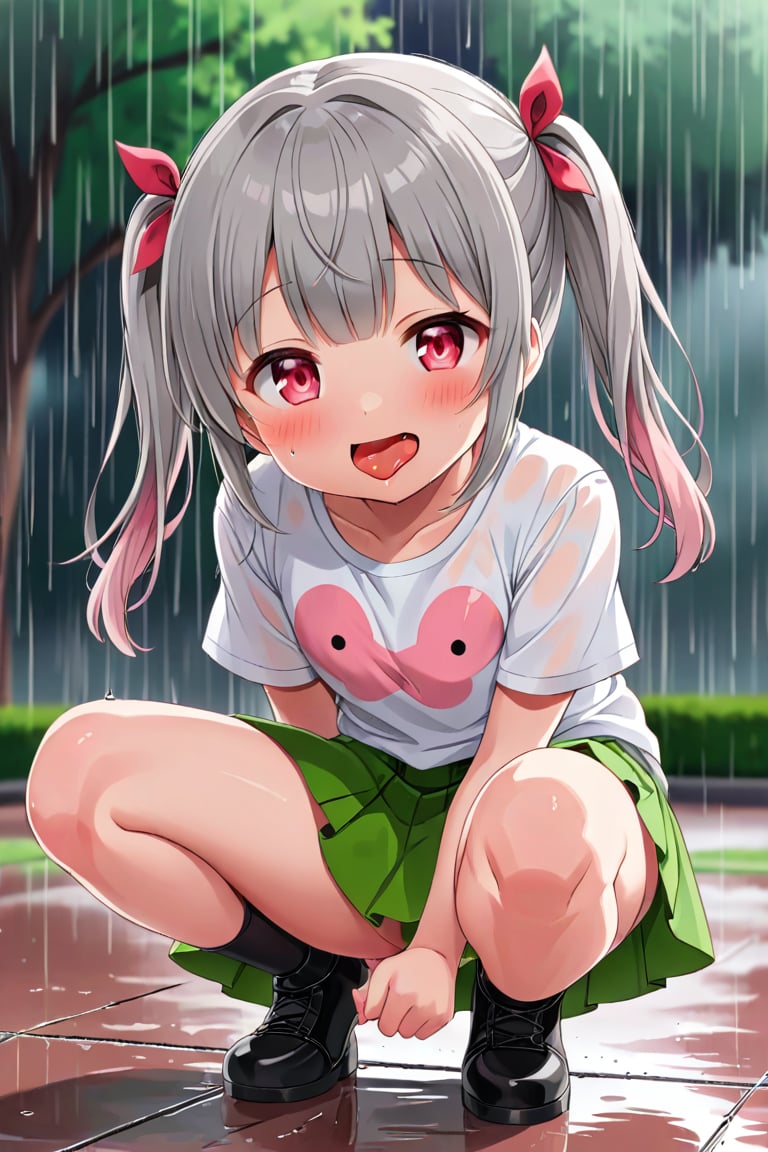 loli , happy face, twintails, gray hair, red_eyes, front_view, rain park, white shirt, green skirt, squatting, sticking_out_tongue, leg_spread, pink panites