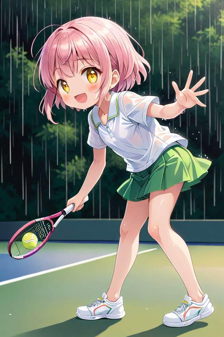 loli , happy face, pink hair, yellow_eyes, side_view, rain tennis, white shirt, green skirt, white shoes, niples