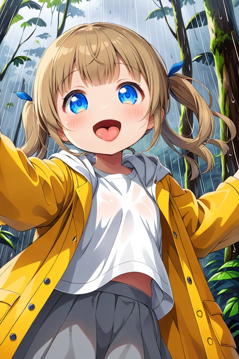 loli , happy face, twintails, yellow brown hair, blue_eyes, down_view, rain forest, white shirt, gray skirt, yellow raincoat, sticking_out_tongue