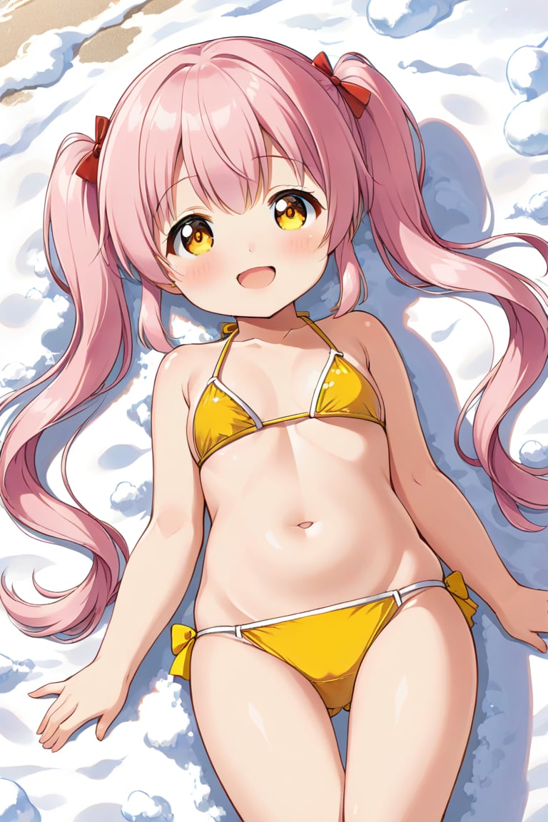 little loli, happy face,  pink hair, twin_tails, yellow_eyes, front_view, snow beach, yellow bikini, lying