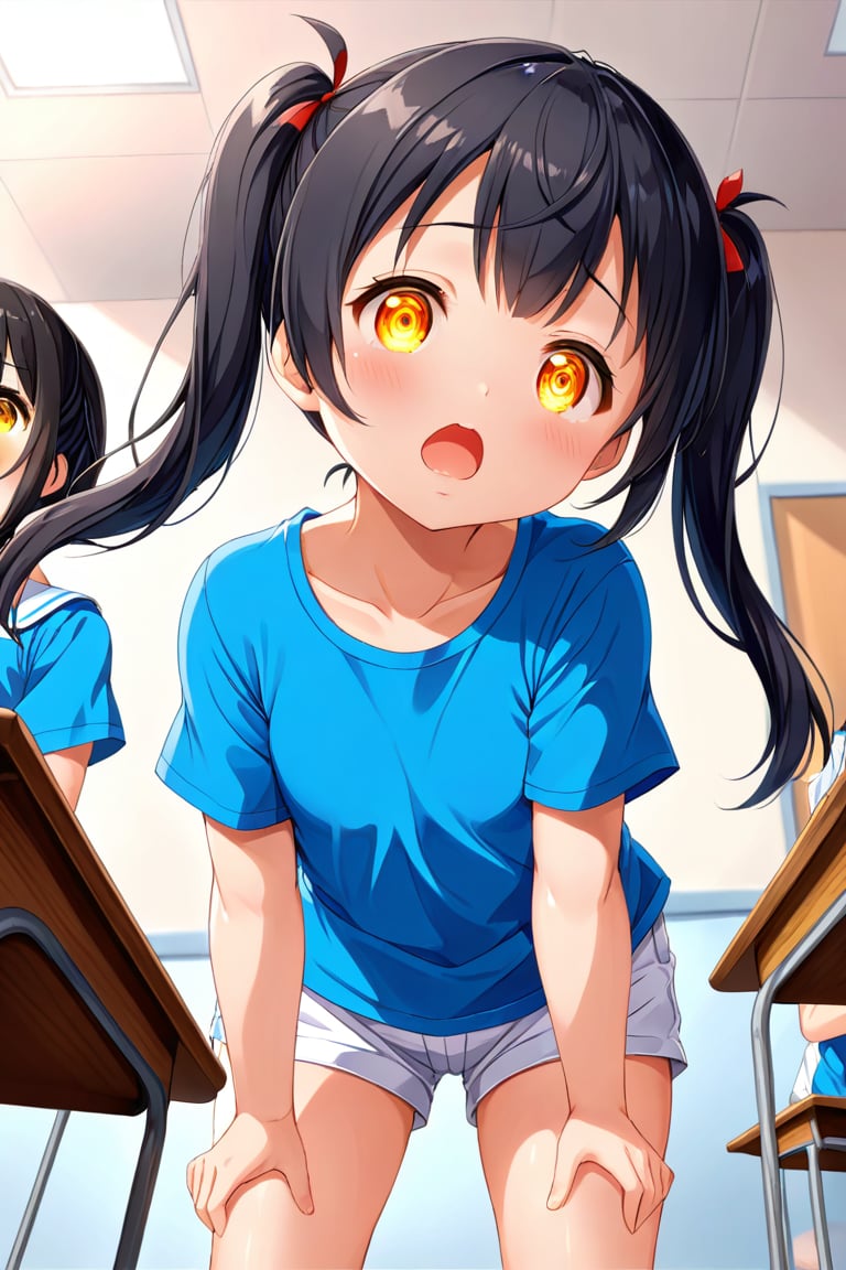 loli , surprise face, black hair, yellow_eyes, twintails, down_view, classroom, blue shirt, white shorts, 