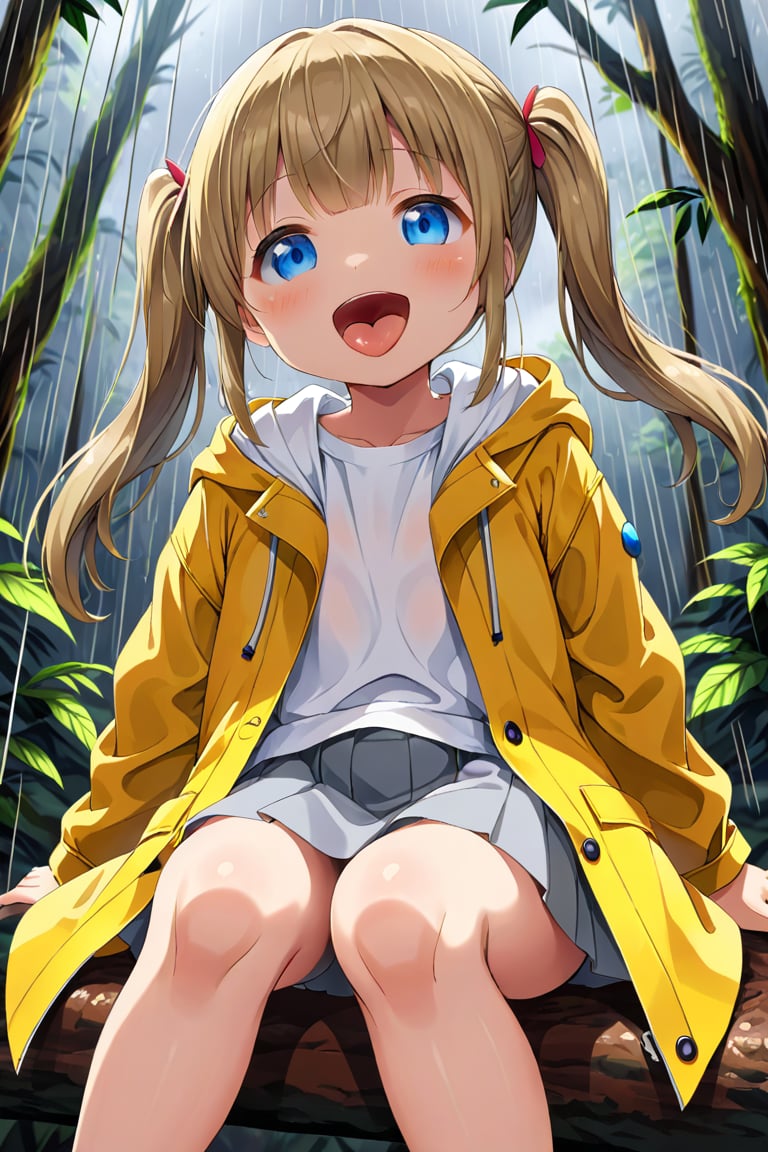 loli , happy face, twintails, yellow brown hair, blue_eyes, down_view, rain forest, white shirt, gray skirt, yellow raincoat, sticking_out_tongue, sitting, leg_spread