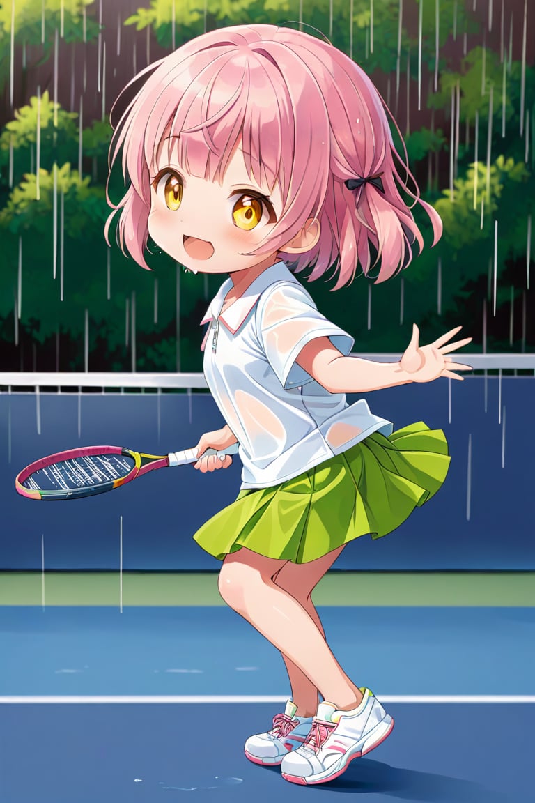 loli , happy face, pink hair, yellow_eyes, side_view, rain tennis, white shirt, green skirt, white shoes, niples