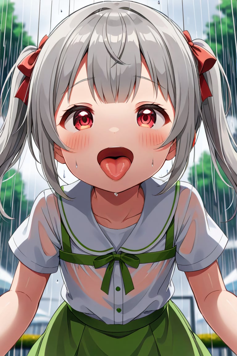 loli , happy face, twintails, gray hair, red_eyes, down_view, rain park, white shirt, green skirt, sticking_out_tongue, saliva_string