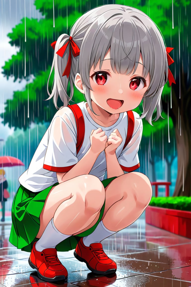 loli , happy face, twintails, gray hair, red_eyes, down_view, rain park, white shirt, green skirt, squatting, sticking_out_tongue, 