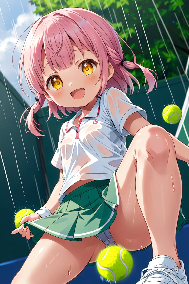 loli , happy face, pink hair, yellow_eyes, down_view, rain tennis, white shirt, green skirt, white shoes, niples