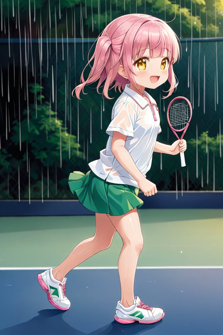 loli , happy face, pink hair, yellow_eyes, side_view, rain tennis, white shirt, green skirt, white shoes, niples