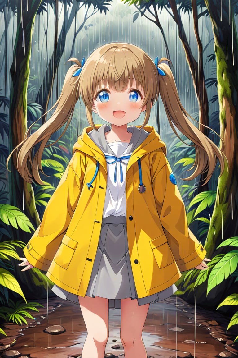 loli , happy face, twintails, yellow brown hair, blue_eyes, front_view, rain forest, white shirt, gray skirt, yellow raincoat