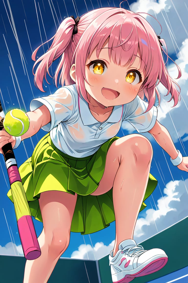 loli , happy face, pink hair, yellow_eyes, down_view, rain tennis, white shirt, green skirt, white shoes, niples