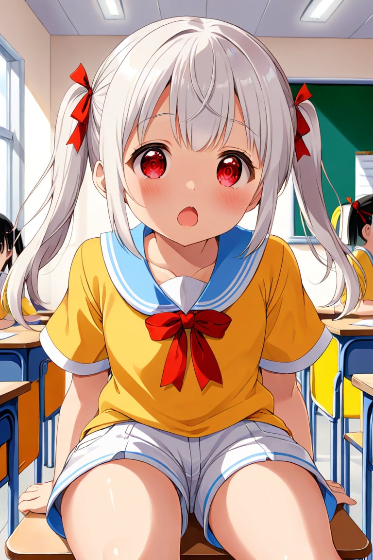 loli , surprise face, white hair, red_eyes, twintails, down_view, classroom, yellow shirt, white shorts, sitting