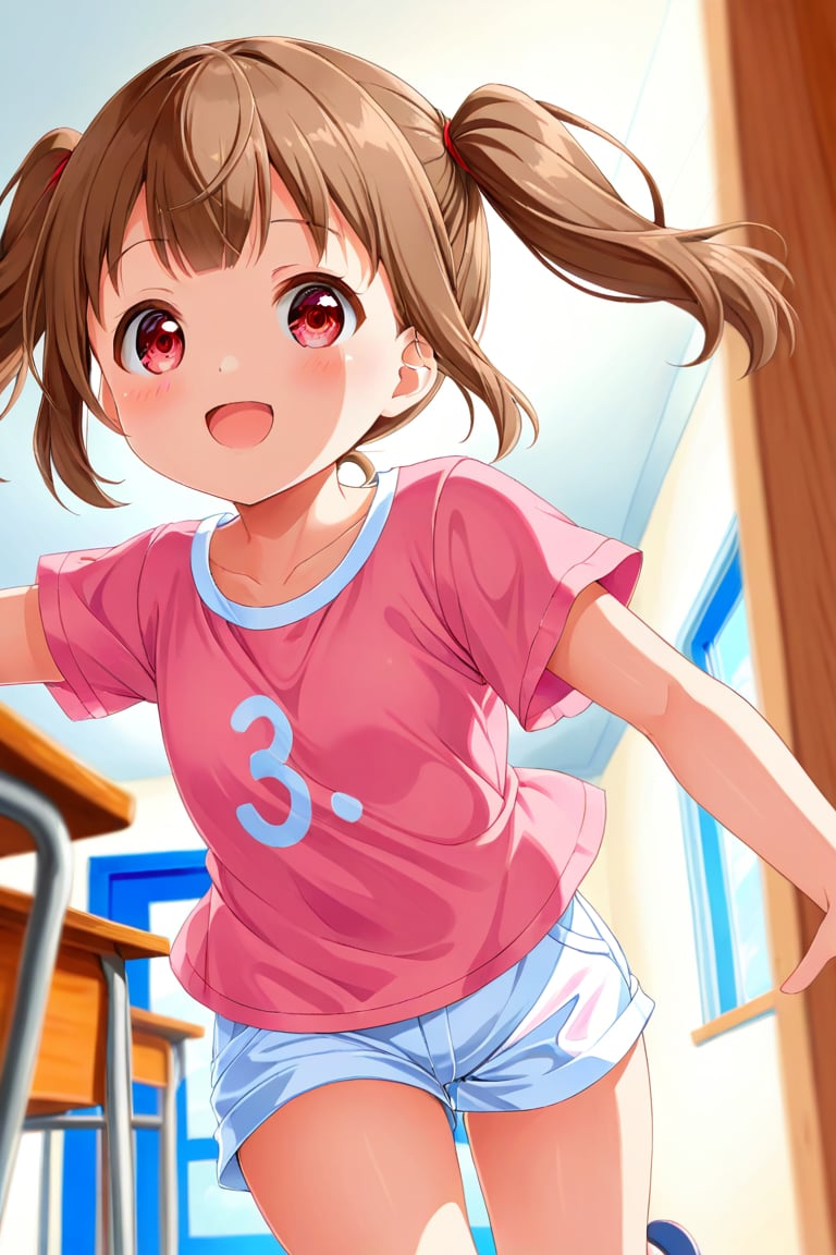 loli , happy face, brown hair, red_eyes, twintails, down_view, classroom, pink shirt, white shorts, running