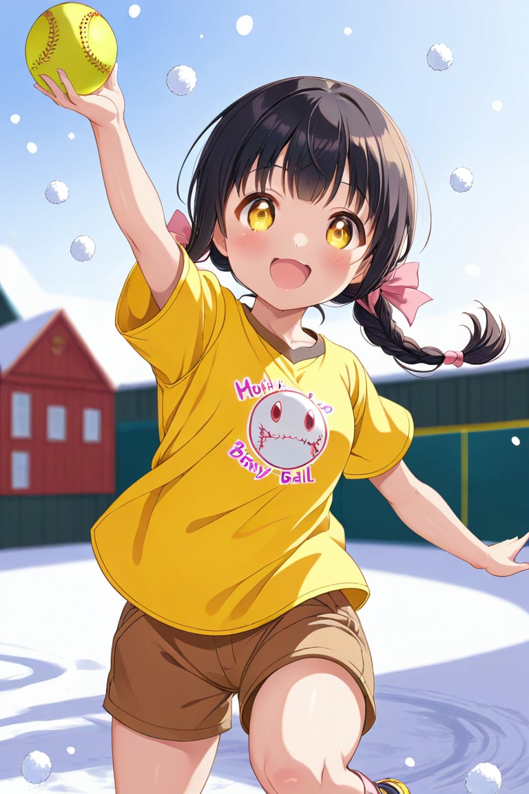 loli, happy face, black hair, yellow_eyes, front_view, snow baseball, pink hair, yellow shirt, brown yellow shorts, throwing balls