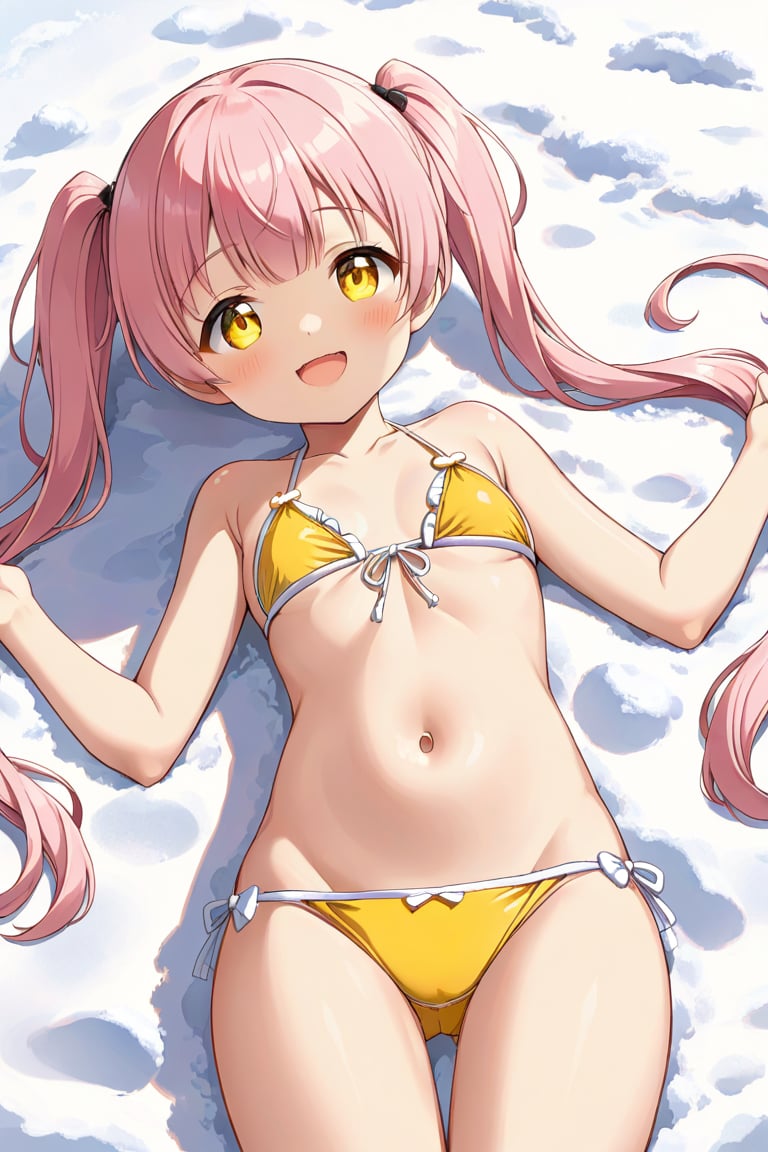 loli, happy face,  yelloe pink hair, twin_tails, yellow_eyes, front_view, snow beach, yellow bikini, lying