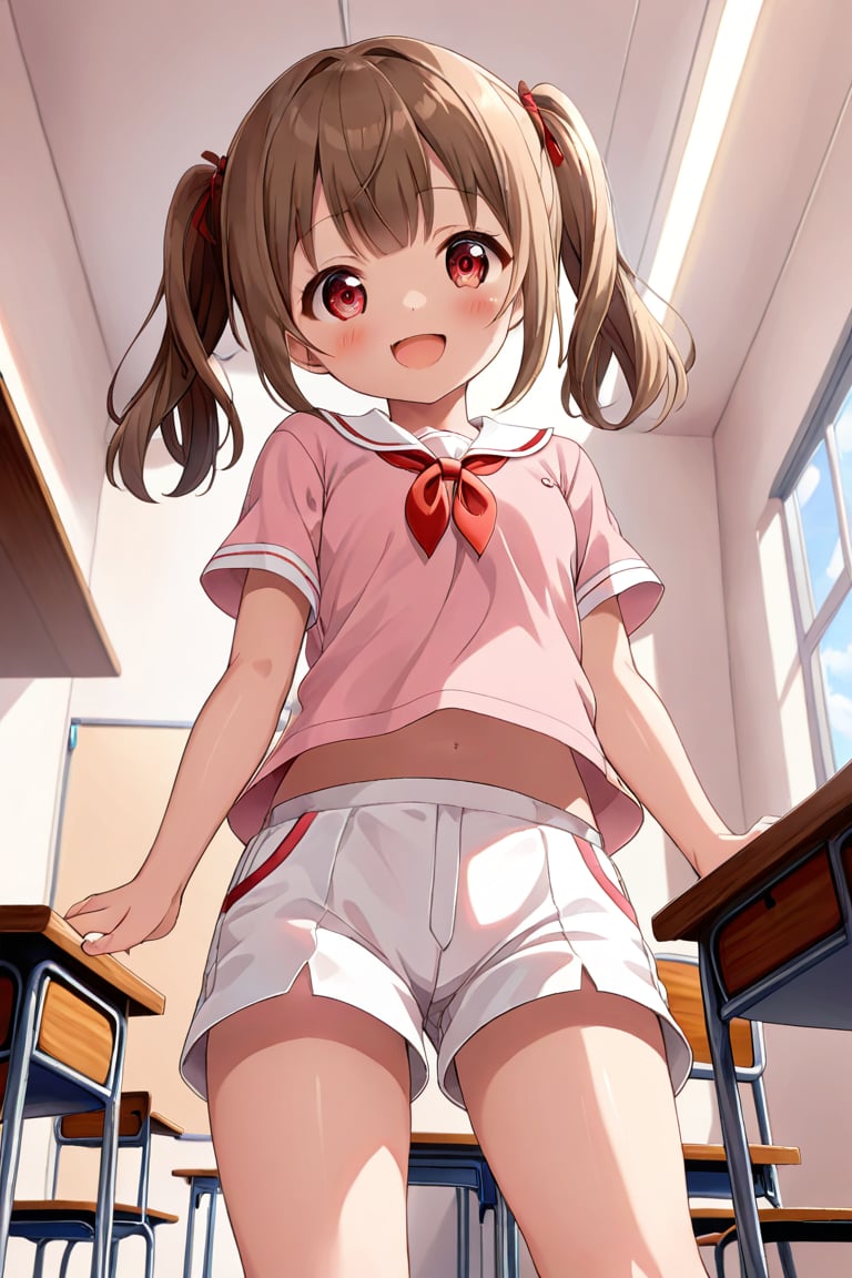 loli , happy face, brown hair, red_eyes, twintails, down_view, classroom, pink shirt, white shorts, 