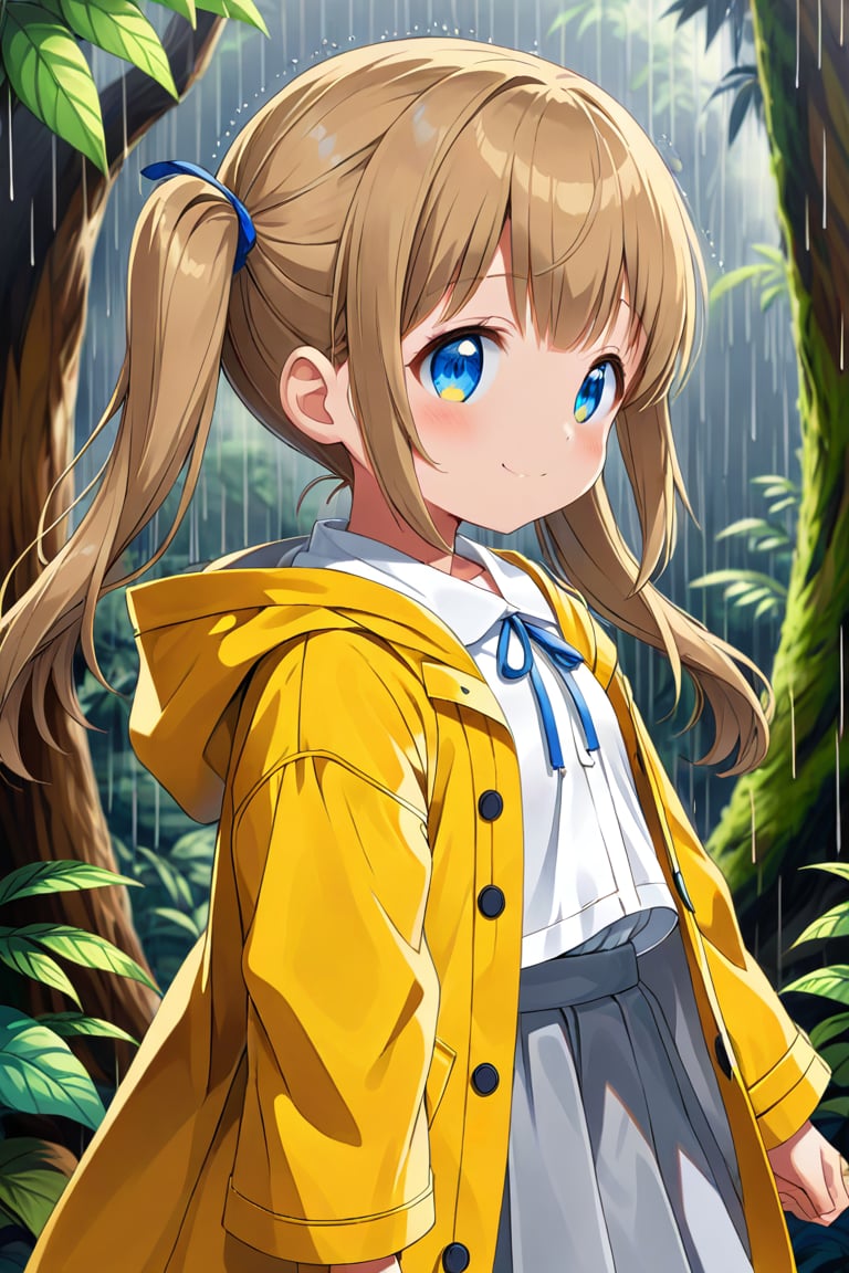 loli , happy face, twintails, yellow brown hair, blue_eyes, side_view, rain forest, white shirt, gray skirt, yellow raincoat