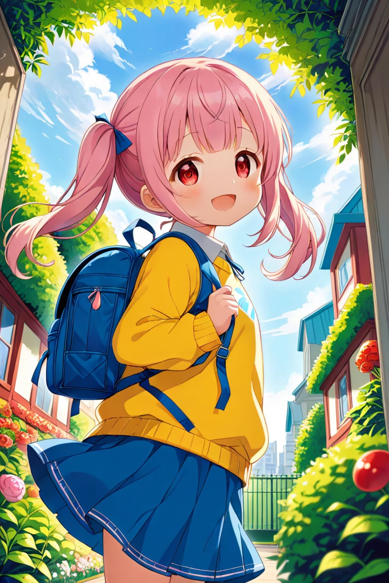 loli, happy face, pink hair, red_eyes, twintails, down_view, green garden, blue skirt, white shirt, yellow sweater, blue backpack