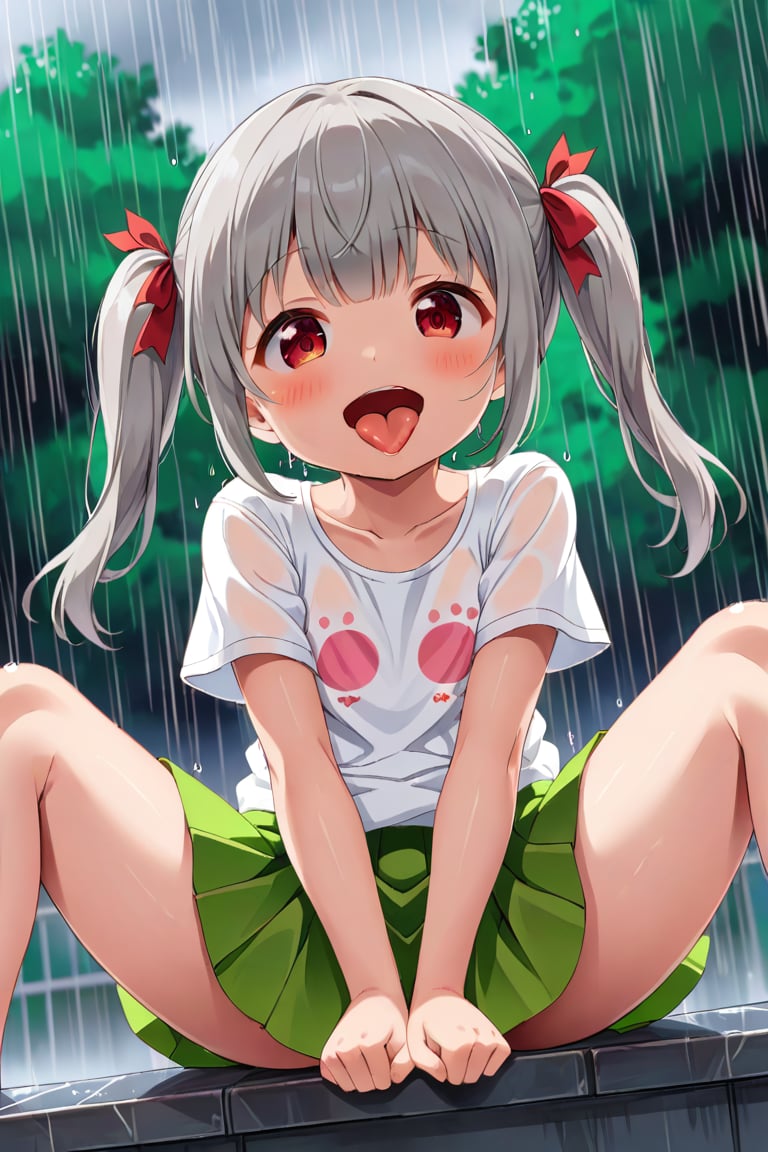 loli , happy face, twintails, gray hair, red_eyes, down_view, rain park, white shirt, green skirt, sitting, sticking_out_tongue, leg_spread