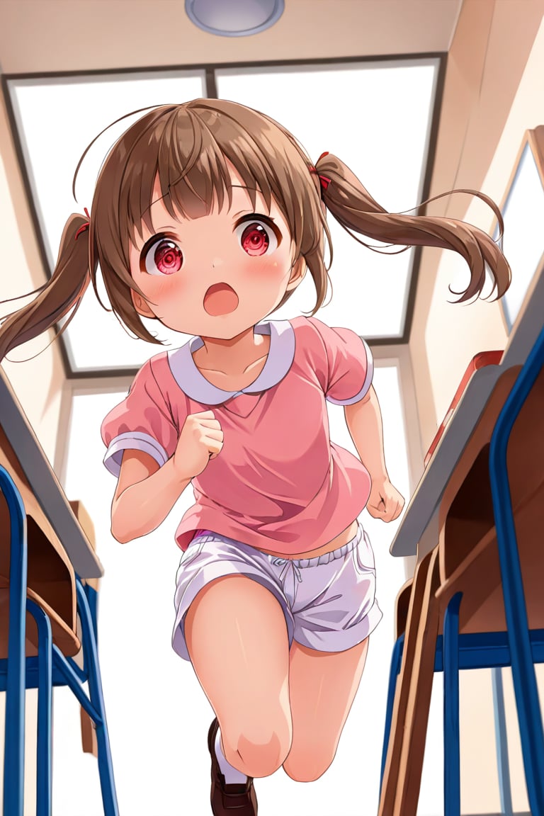 loli , surprise face, brown hair, red_eyes, twintails, down_view, classroom, pink shirt, white shorts, running