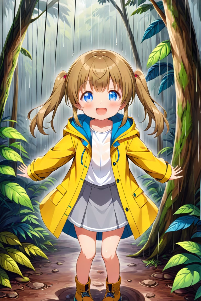 loli , happy face, twintails, yellow brown hair, blue_eyes, front_view, rain forest, white shirt, gray skirt, yellow raincoat