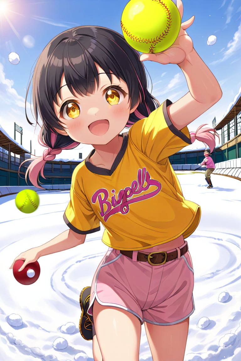 loli, happy face, black hair, yellow_eyes, front_view, snow baseball, pink hair, yellow shirt, brown yellow shorts, throwing balls