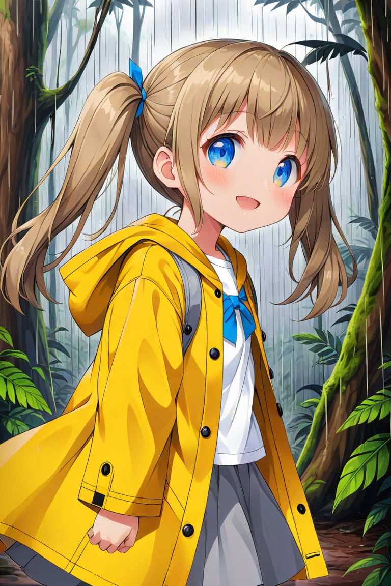 loli , happy face, twintails, yellow brown hair, blue_eyes, side_view, rain forest, white shirt, gray skirt, yellow raincoat