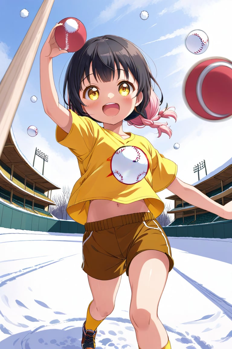 loli, happy face, black hair, yellow_eyes, front_view, snow baseball, pink hair, yellow shirt, brown yellow shorts, throwing balls