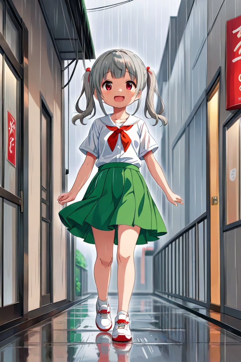 loli , happy face, twintails, gray hair, red_eyes, front_view, rain aprk, white shirt, green skirt, white shoes, walking