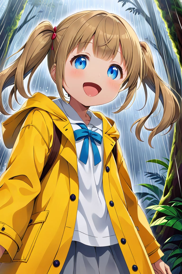 loli , happy face, twintails, yellow brown hair, blue_eyes, down_view, rain forest, white shirt, gray skirt, yellow raincoat, sticking_out_tongue