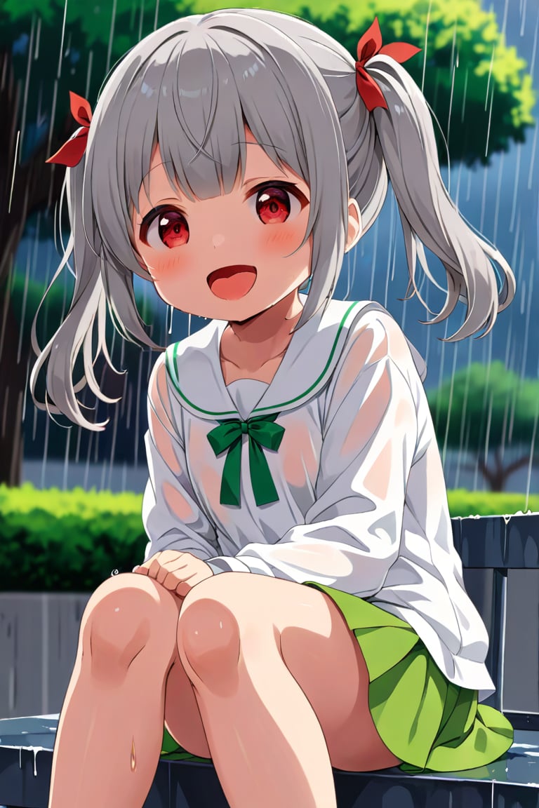 loli , happy face, twintails, gray hair, red_eyes, down_view, rain park, white shirt, green skirt, sitting, sticking_out_tongue, 