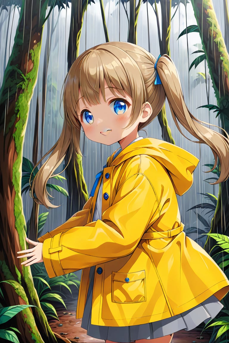 loli , happy face, twintails, yellow brown hair, blue_eyes, side_view, rain forest, white shirt, gray skirt, yellow raincoat