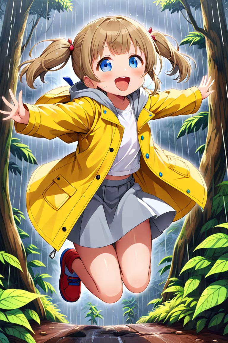 loli , happy face, twintails, yellow brown hair, blue_eyes, down_view, rain forest, white shirt, gray skirt, yellow raincoat, sticking_out_tongue, jumping