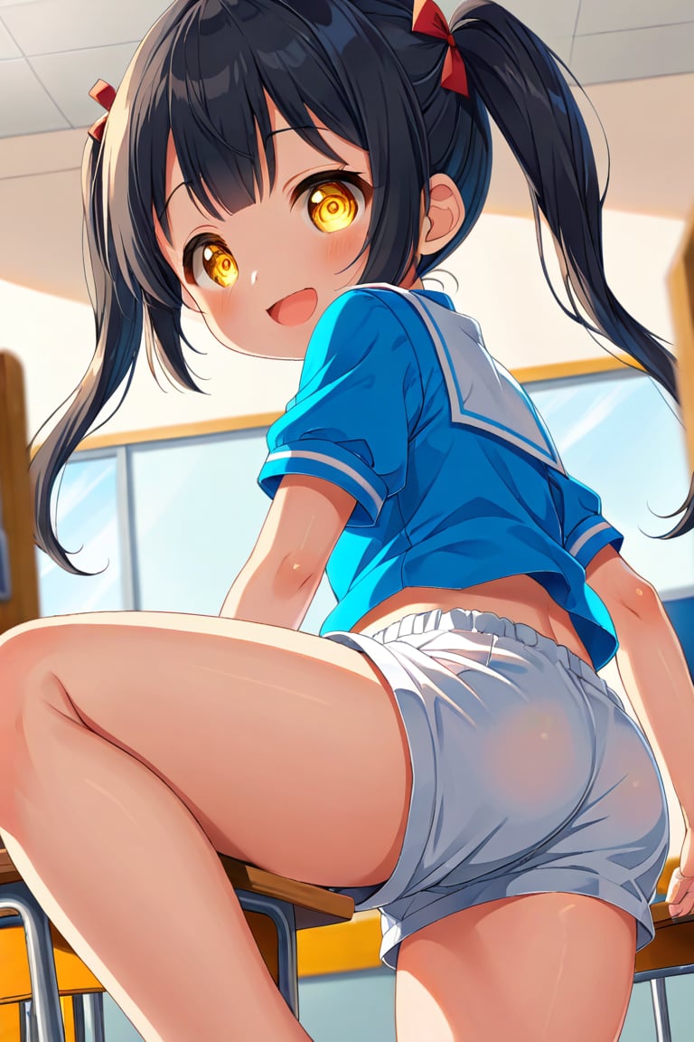 loli , happy face, black hair, yellow_eyes, twintails, down_view, classroom, blue shirt, white shorts, 