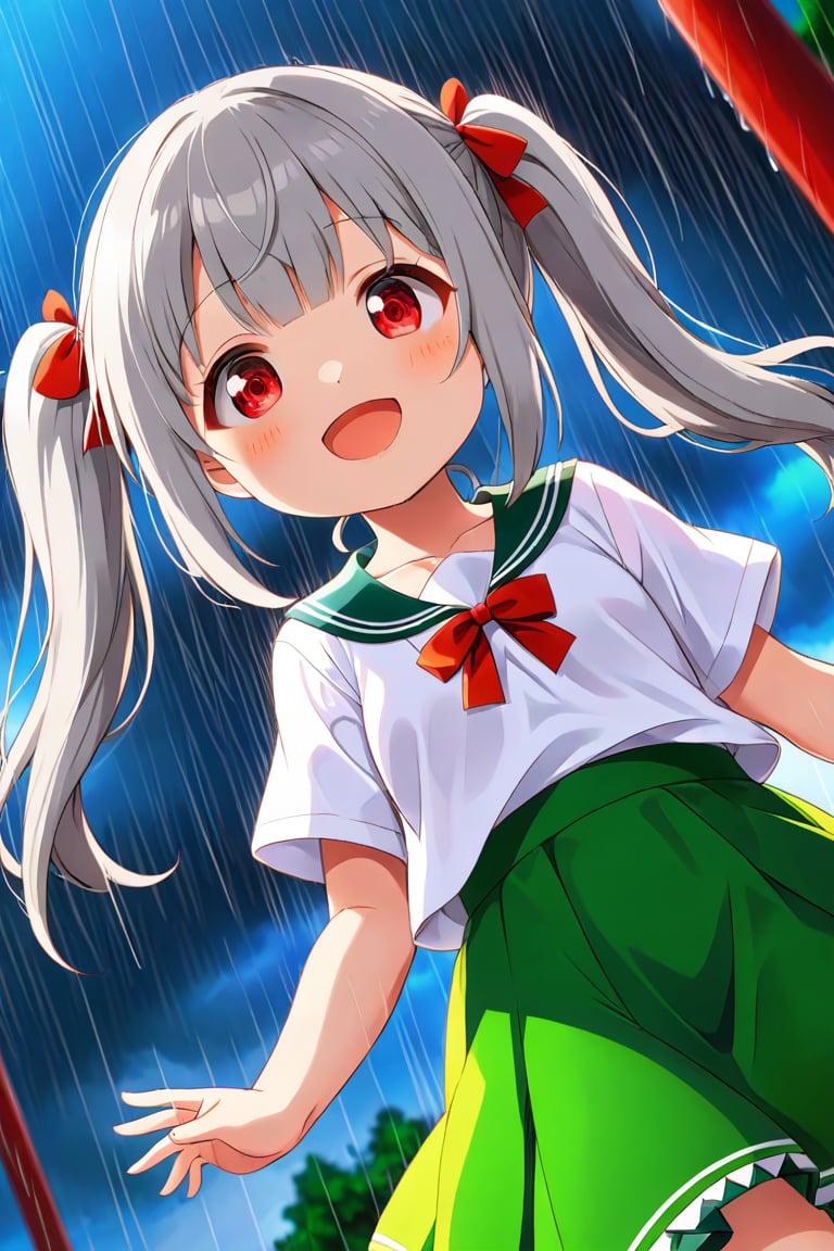 loli , happy face, twintails, gray hair, red_eyes, down_view, rain park, white shirt, green skirt,