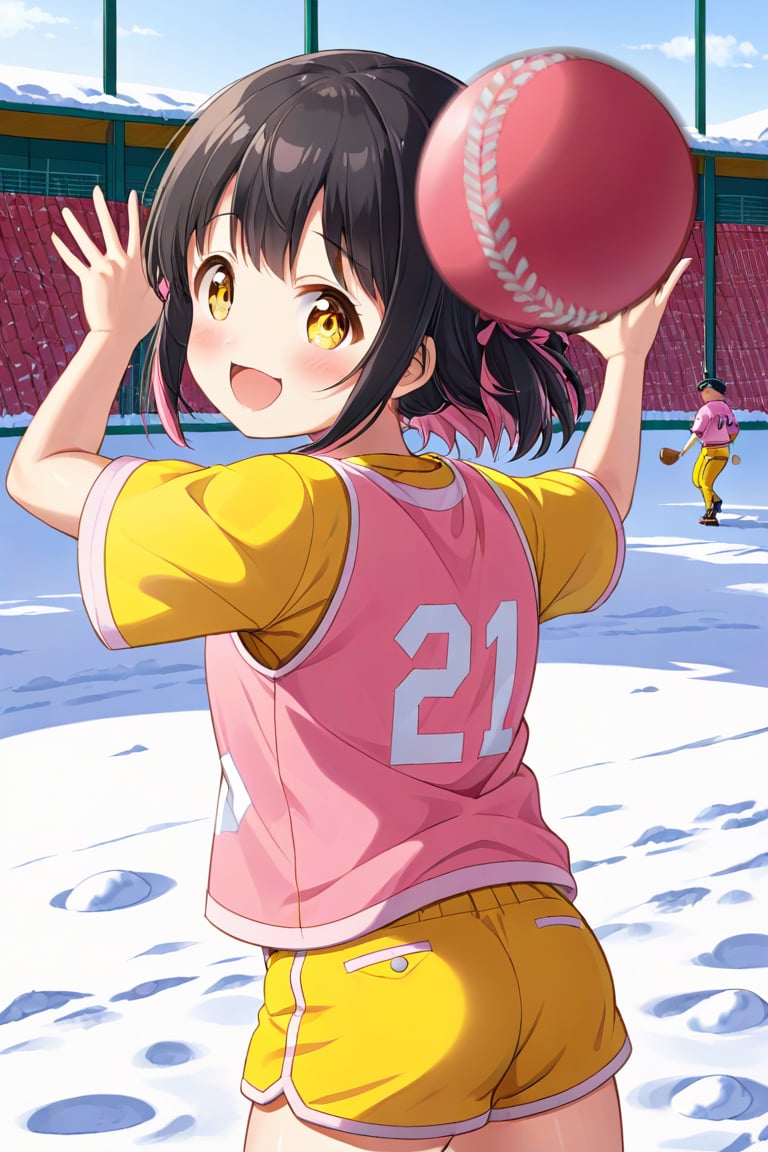 loli, happy face, black hair, yellow_eyes, back_view, snow baseball, pink hair, yellow shirt, brown yellow shorts, throwing balls