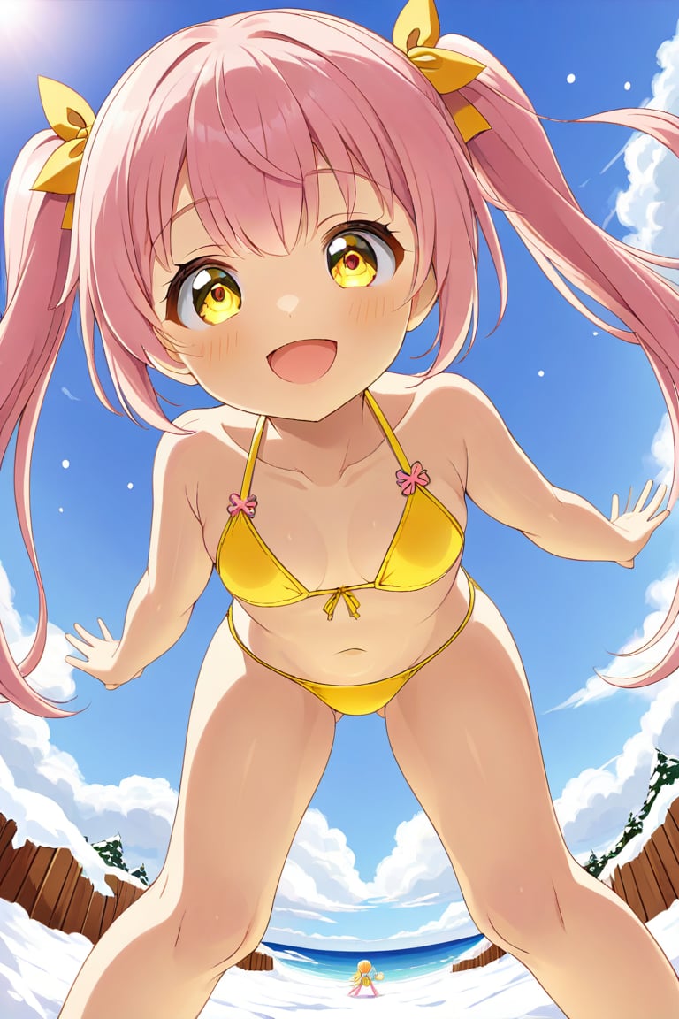 loli, happy face,  yelloe pink hair, twin_tails, yellow_eyes, down_view, snow beach, yellow bikini